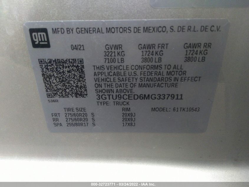 2021 GMC SIERRA 1500 ELEVATION 3GTU9CED6MG337911