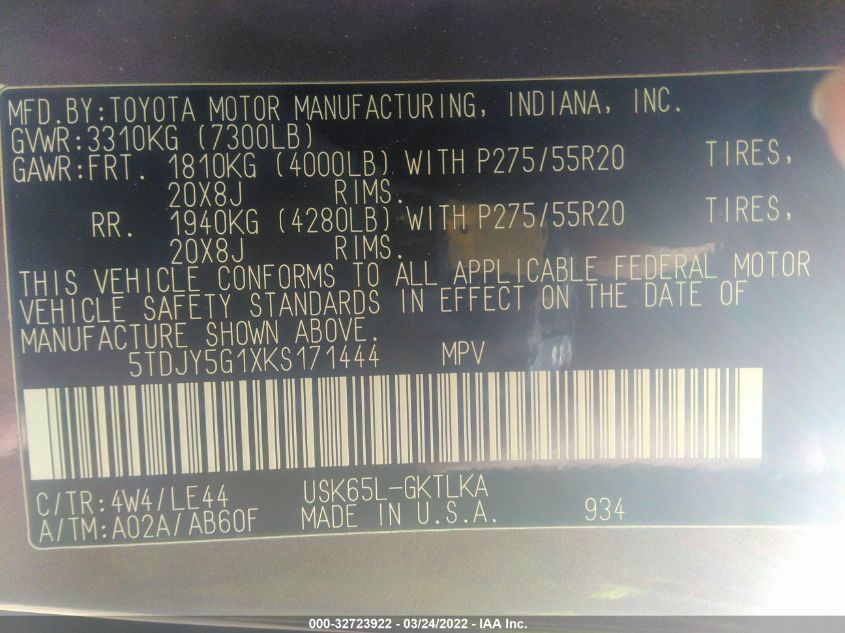 2019 TOYOTA SEQUOIA LIMITED 5TDJY5G1XKS171444