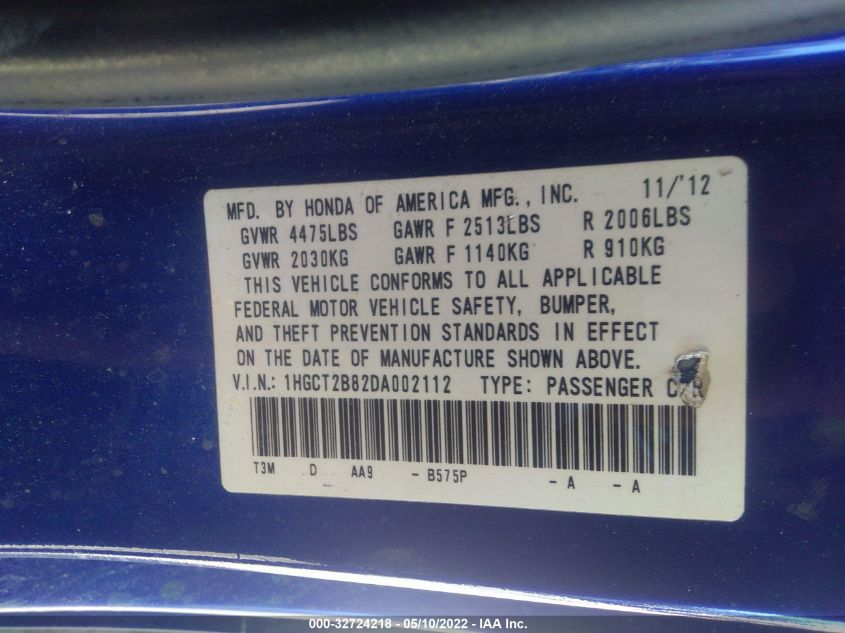 2013 HONDA ACCORD CPE EX-L 1HGCT2B82DA002112