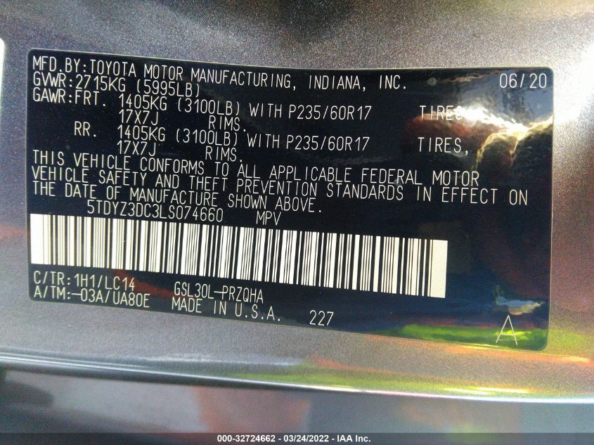 2020 TOYOTA SIENNA XLE AUTO ACCESS 5TDYZ3DC3LS074660