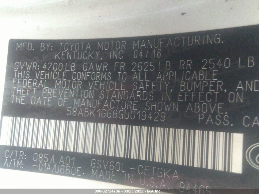 2016 LEXUS ES 350 58ABK1GG8GU019429