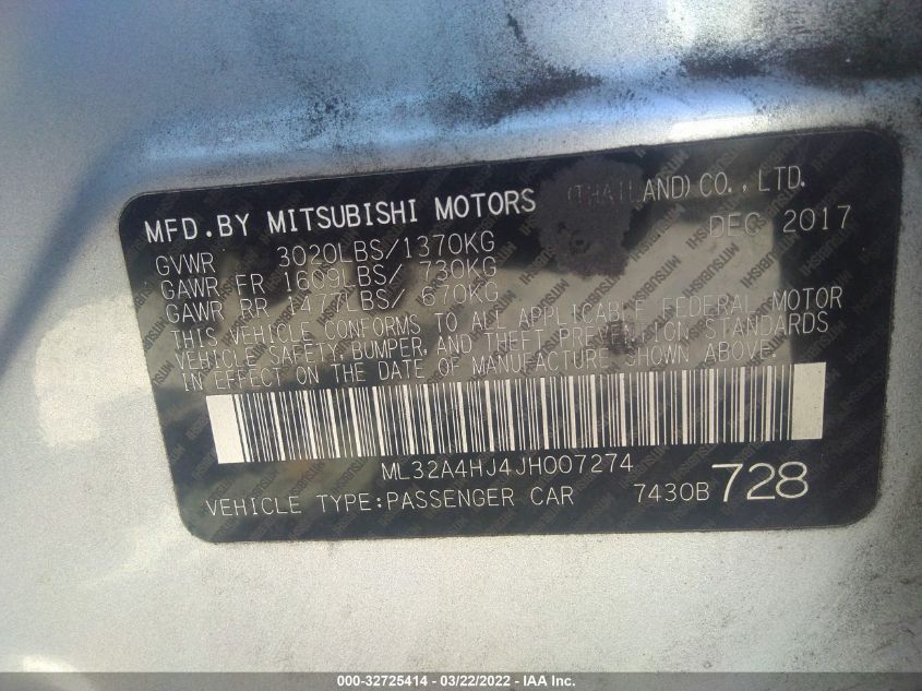 2018 MITSUBISHI MIRAGE SE ML32A4HJ4JH007274