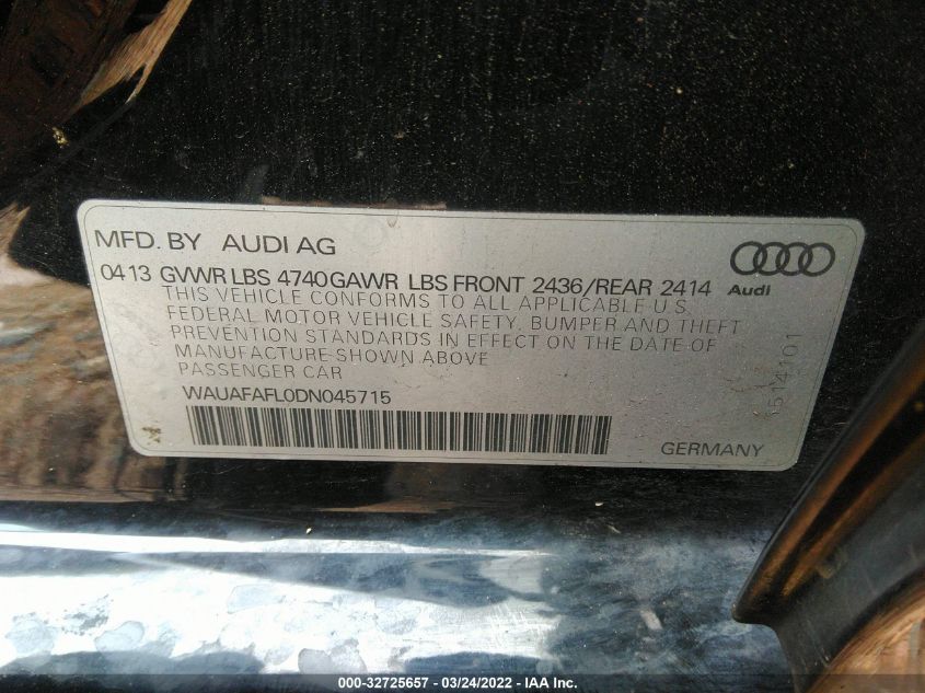 2013 AUDI A4 PREMIUM WAUAFAFL0DN045715