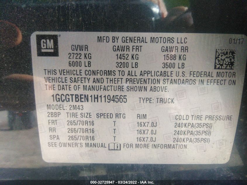 2017 CHEVROLET COLORADO 4WD WT 1GCGTBEN1H1194565