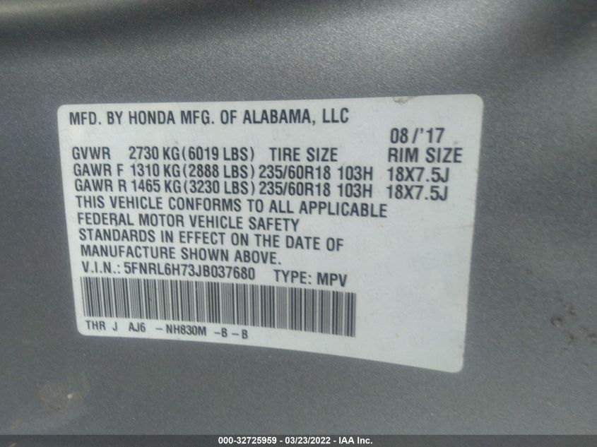 2018 HONDA ODYSSEY EX-L 5FNRL6H73JB037680