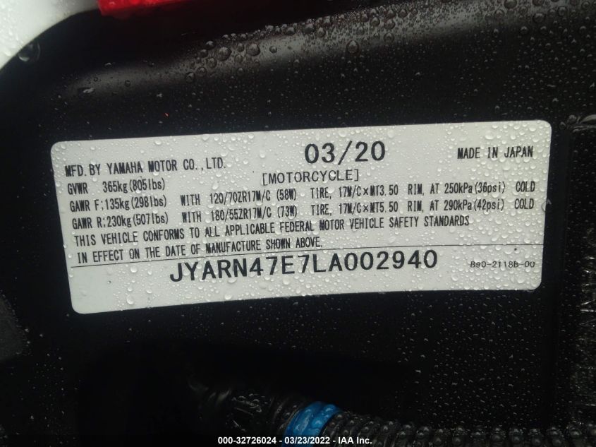 2020 YAMAHA XSR900 JYARN47E7LA002940