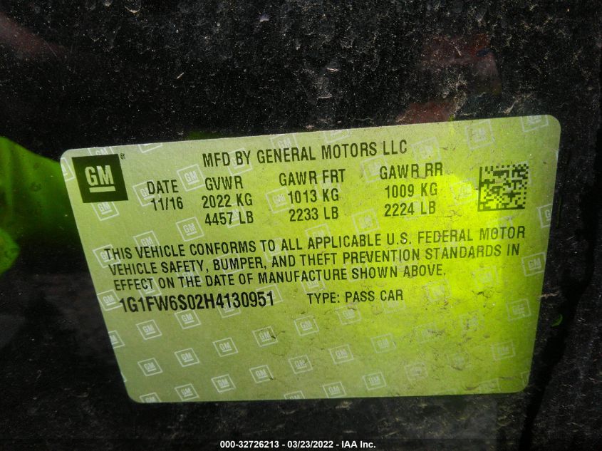 2017 CHEVROLET BOLT EV LT 1G1FW6S02H4130951