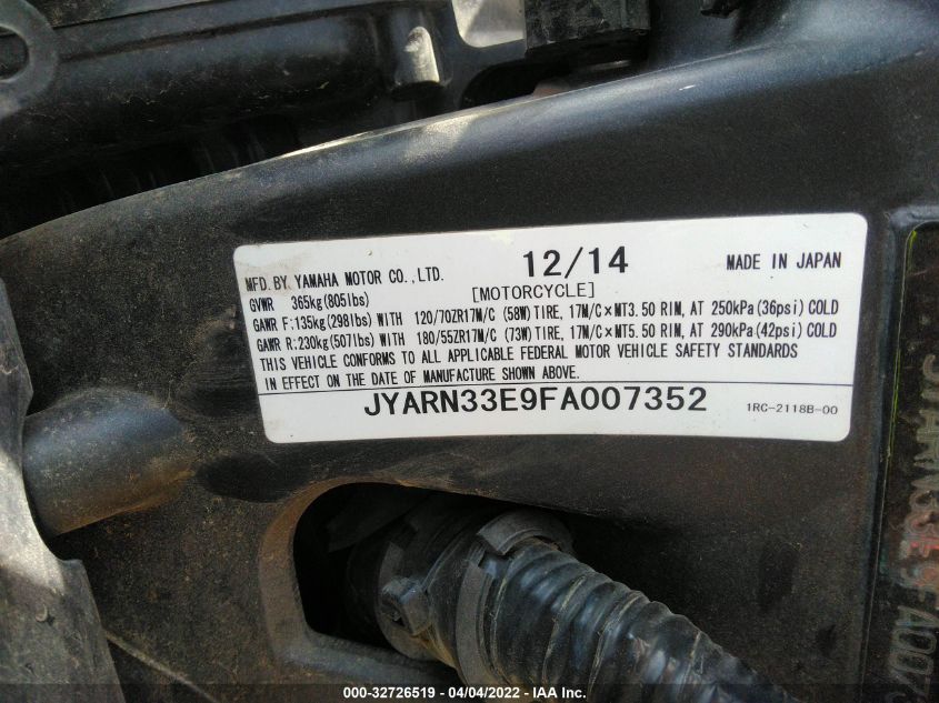 2015 YAMAHA FZ09 JYARN33E9FA007352