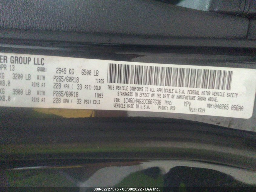 2013 DODGE DURANGO SXT 1C4RDHAG3DC667638