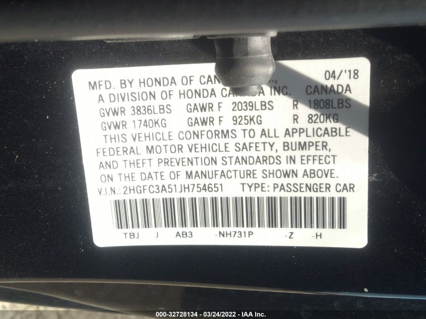 2018 HONDA CIVIC SI COUPE 2HGFC3A51JH754651