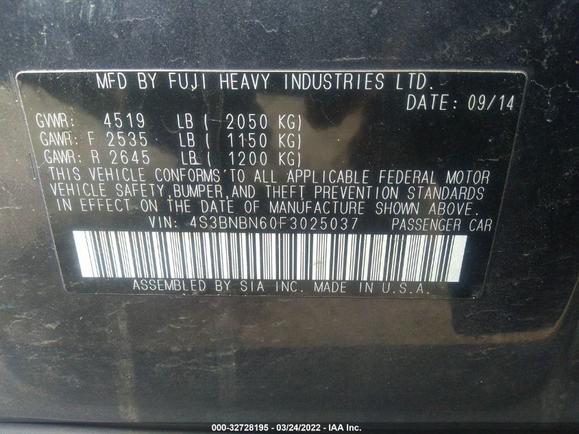 2015 SUBARU LEGACY 2.5I LIMITED 4S3BNBN60F3025037
