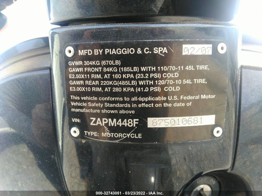 2007 VESPA LX 150 ZAPM448F875010681