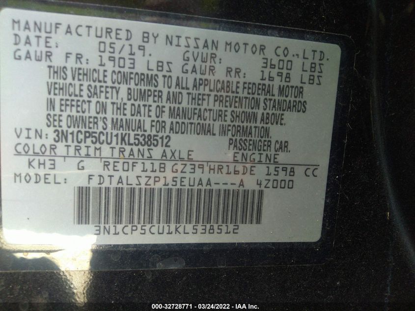 2019 NISSAN KICKS SV 3N1CP5CU1KL538512