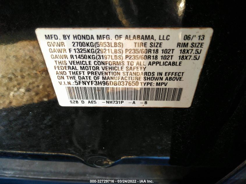 2013 HONDA PILOT TOURING 5FNYF3H96DB037650