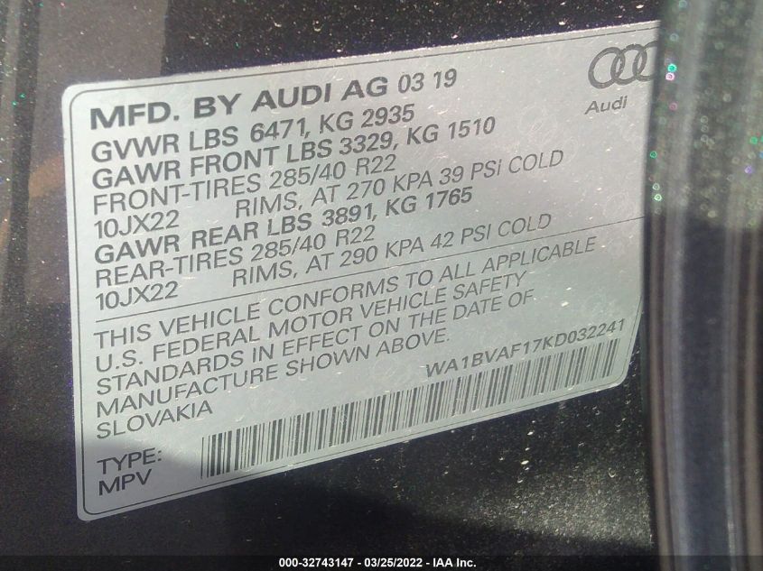2019 AUDI Q8 PREMIUM PLUS WA1BVAF17KD032241