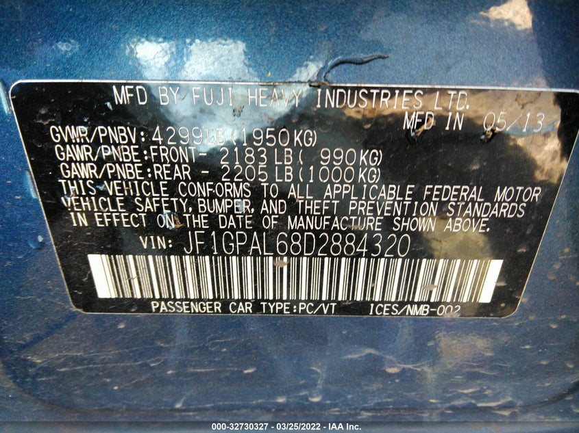 2013 SUBARU IMPREZA VIN: JF1GPAL68D2884320
