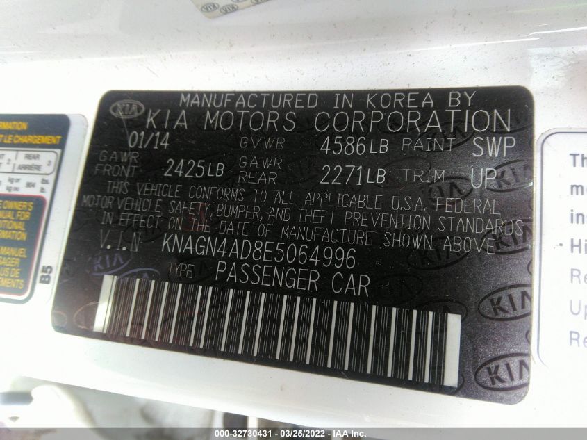 2014 KIA OPTIMA HYBRID EX KNAGN4AD8E5064996