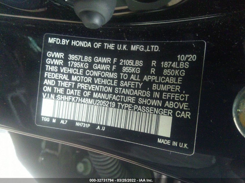 2021 HONDA CIVIC HATCHBACK SPORT SHHFK7H48MU205219