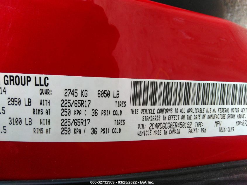 2014 DODGE GRAND CARAVAN SXT 30TH ANNIVERSARY 2C4RDGCG0ER450192