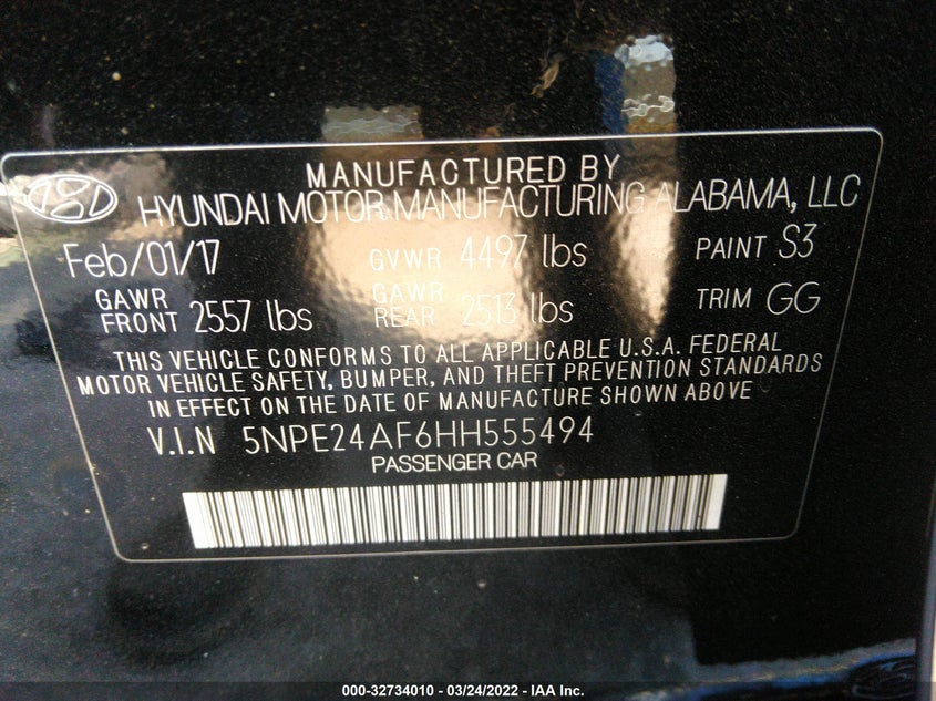 2017 HYUNDAI SONATA VIN: 5NPE24AF6HH555494