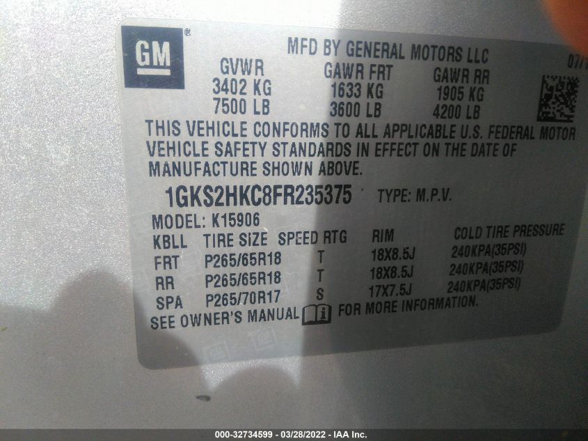 2015 GMC YUKON XL SLT 1GKS2HKC8FR235375