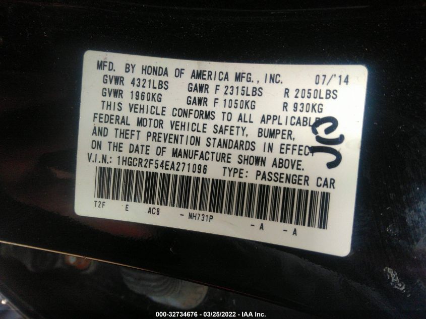 2014 HONDA ACCORD SEDAN SPORT 1HGCR2F54EA271096