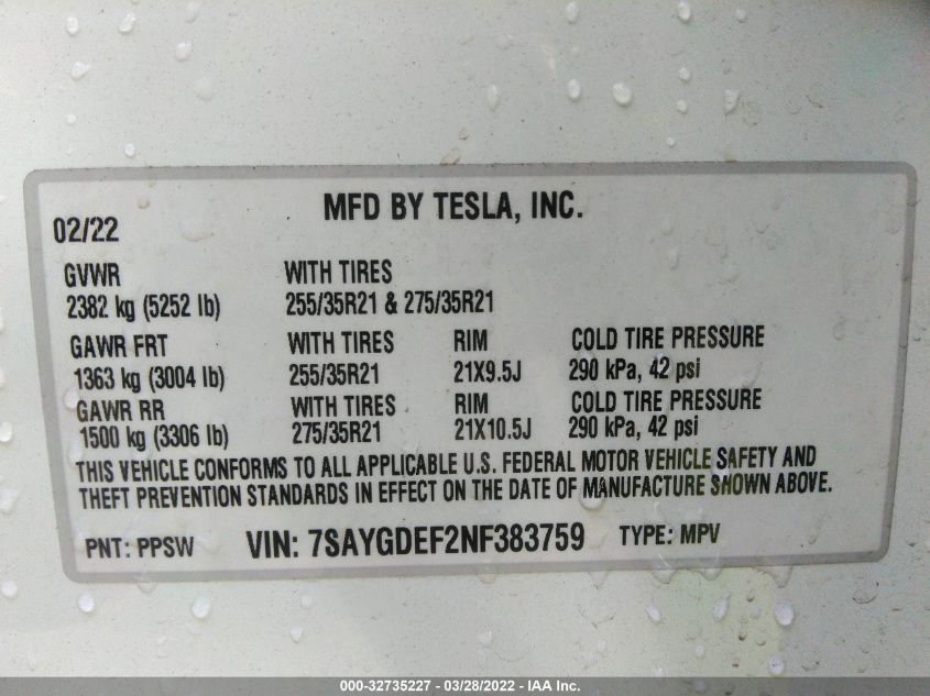 2022 TESLA MODEL Y PERFORMANCE 7SAYGDEF2NF383759