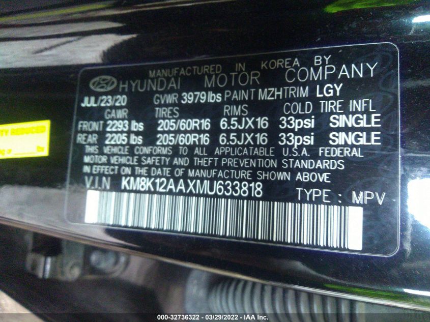 2021 HYUNDAI KONA SE KM8K12AAXMU633818