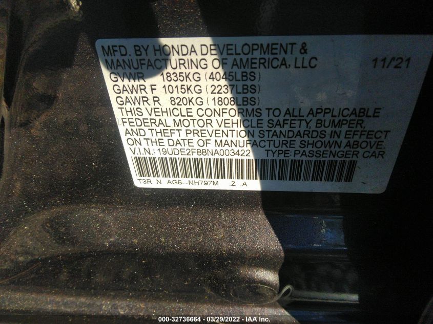 2022 ACURA ILX PACKAGE 19UDE2F88NA003422