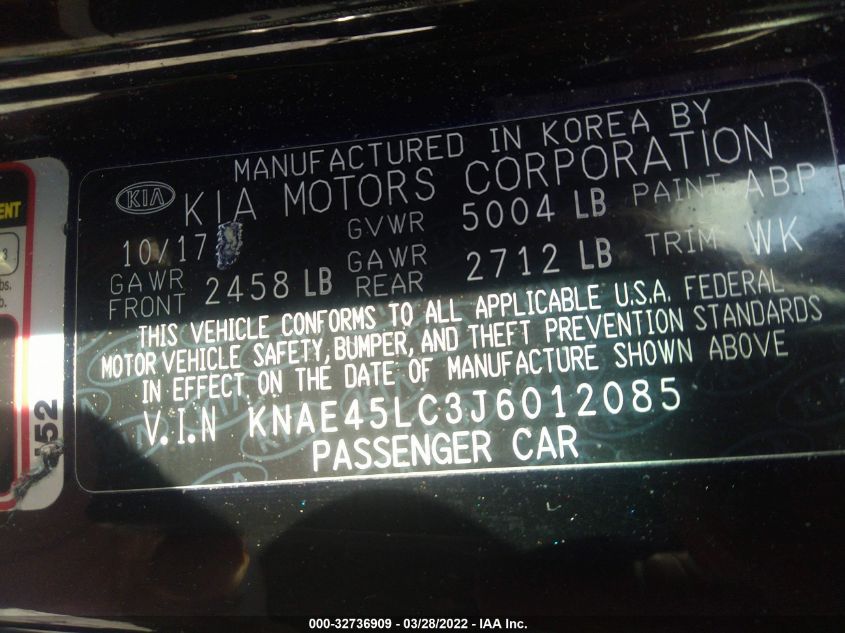 2018 KIA STINGER GT1 KNAE45LC3J6012085