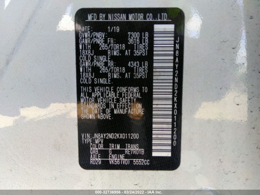 2019 NISSAN ARMADA SV JN8AY2ND2KX011200