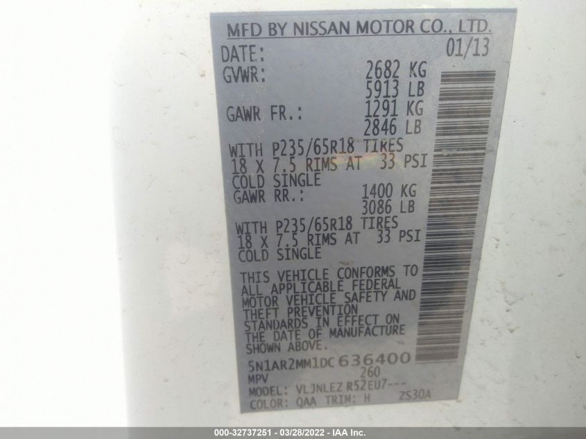 2013 NISSAN PATHFINDER SV 5N1AR2MM1DC636400