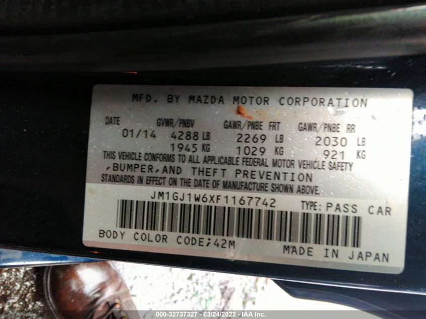 2015 MAZDA MAZDA6 I GRAND TOURING JM1GJ1W6XF1167742