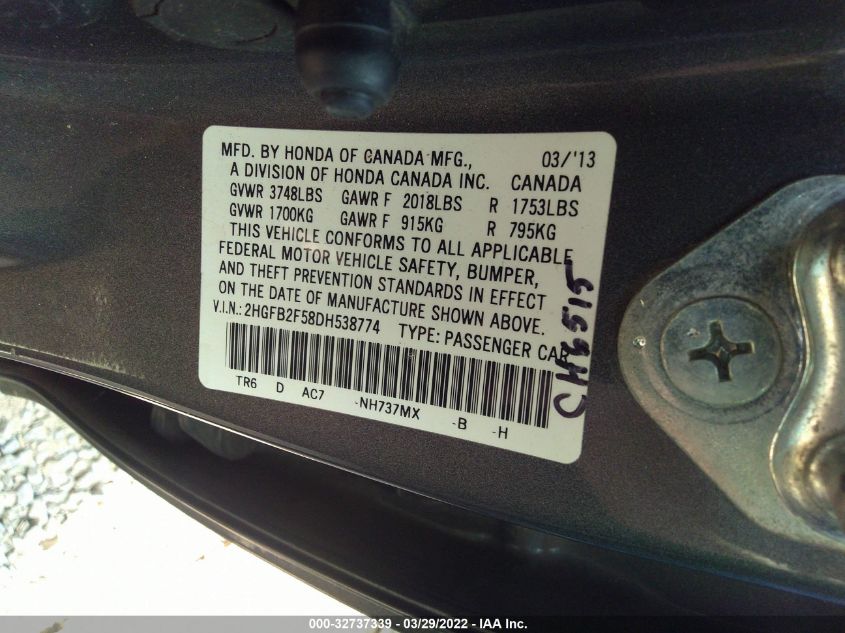 2013 HONDA CIVIC SDN LX 2HGFB2F58DH538774