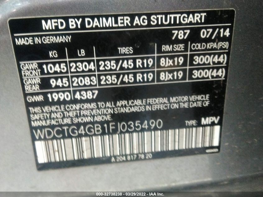 2015 MERCEDES-BENZ GLA-CLASS GLA 250 WDCTG4GB1FJ035490