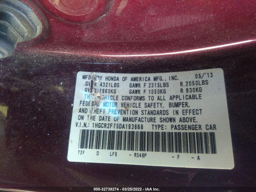 2013 HONDA ACCORD SDN EX 1HGCR2F75DA193668
