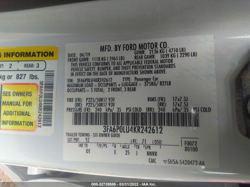 2019 FORD FUSION HYBRID SE 3FA6P0LU4KR242612