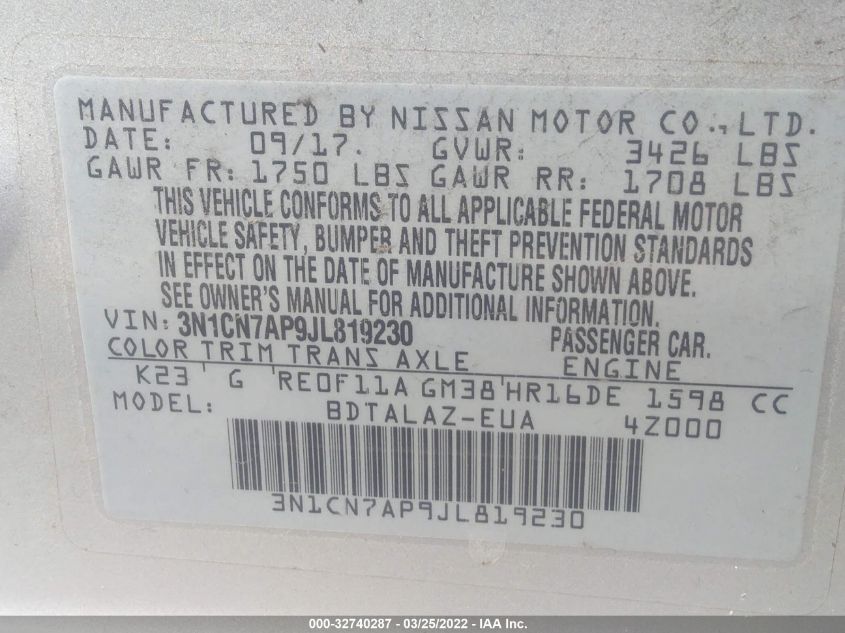 2018 NISSAN VERSA SEDAN S PLUS 3N1CN7AP9JL819230