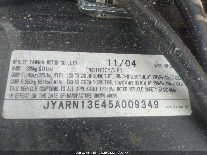 2005 YAMAHA YZFR1 JYARN13E45A009349