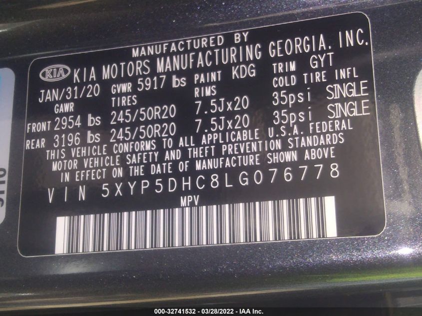 2020 KIA TELLURIDE SX 5XYP5DHC8LG076778