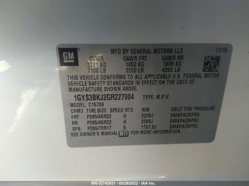 2016 CADILLAC ESCALADE LUXURY COLLECTION 1GYS3BKJ2GR227904