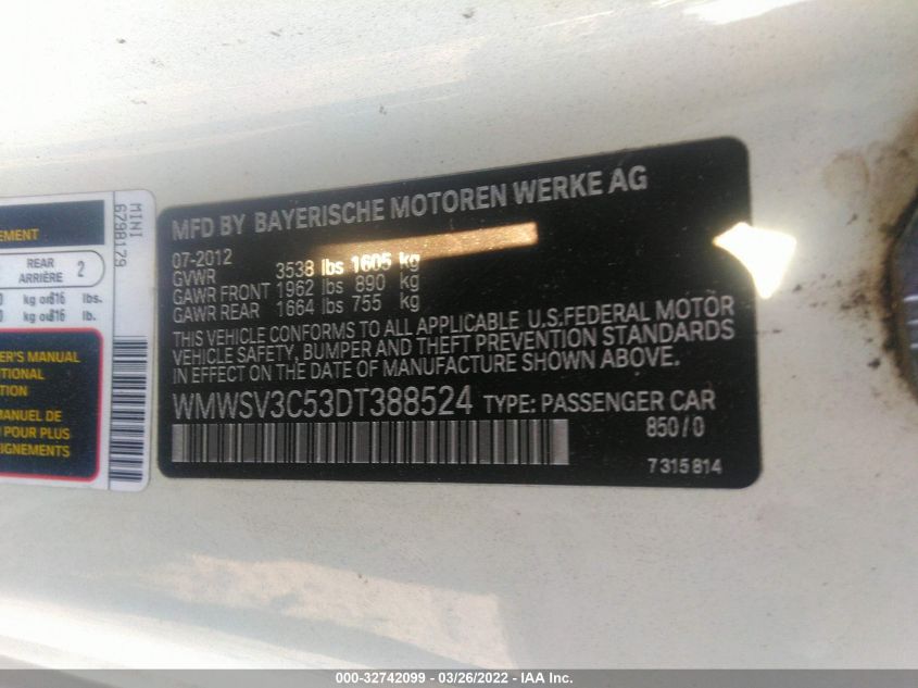 2013 MINI COOPER HARDTOP S WMWSV3C53DT388524