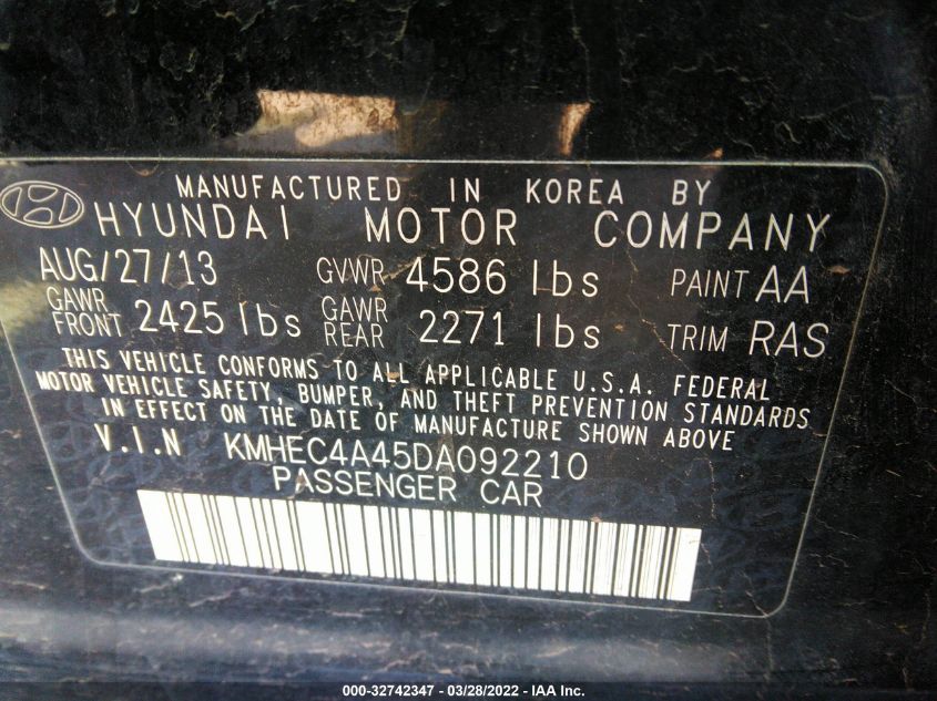 2013 HYUNDAI SONATA HYBRID LIMITED KMHEC4A45DA092210