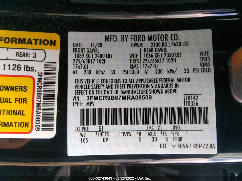 2021 FORD BRONCO SPORT BIG BEND 3FMCR9B67MRA08509