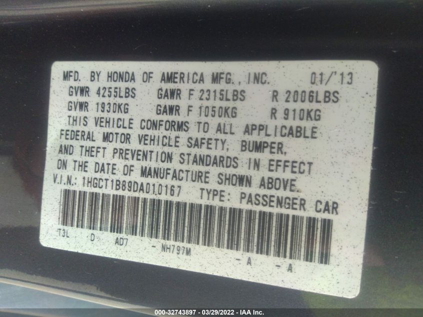 2013 HONDA ACCORD CPE EX-L 1HGCT1B89DA010167