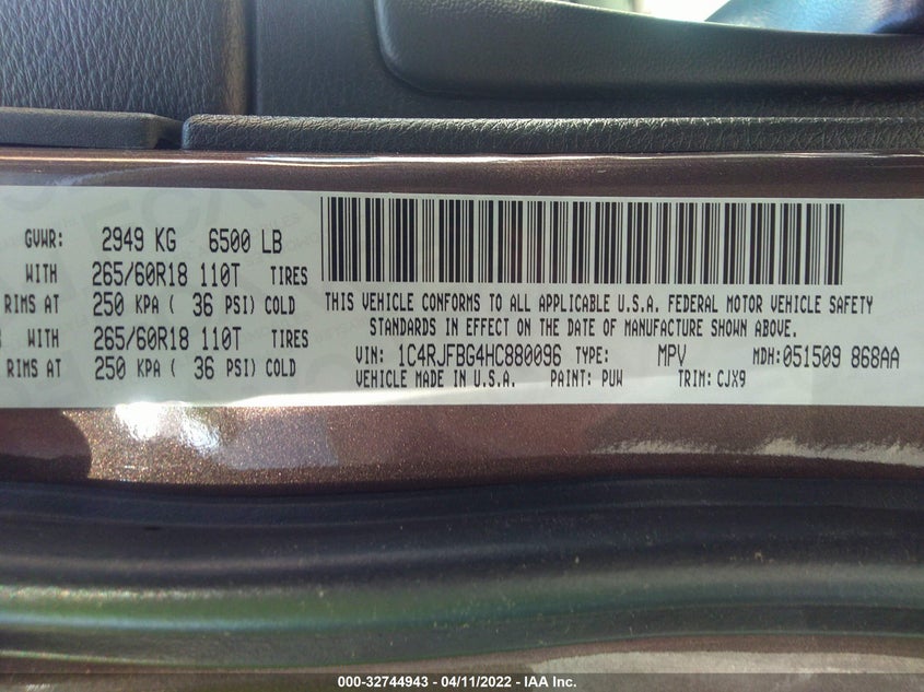 VIN 1C4RJFBG4HC880096 2017 JEEP GRAND CHEROKEE LIMITED