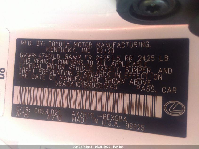 2021 LEXUS ES ES 300H 58ADA1C15MU001740