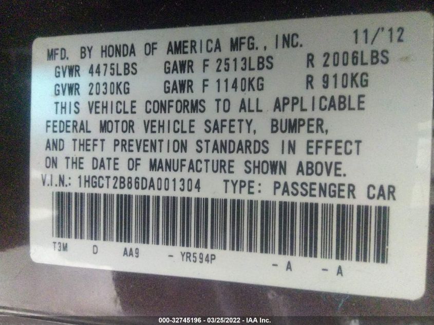 2013 HONDA ACCORD CPE EX-L 1HGCT2B86DA001304