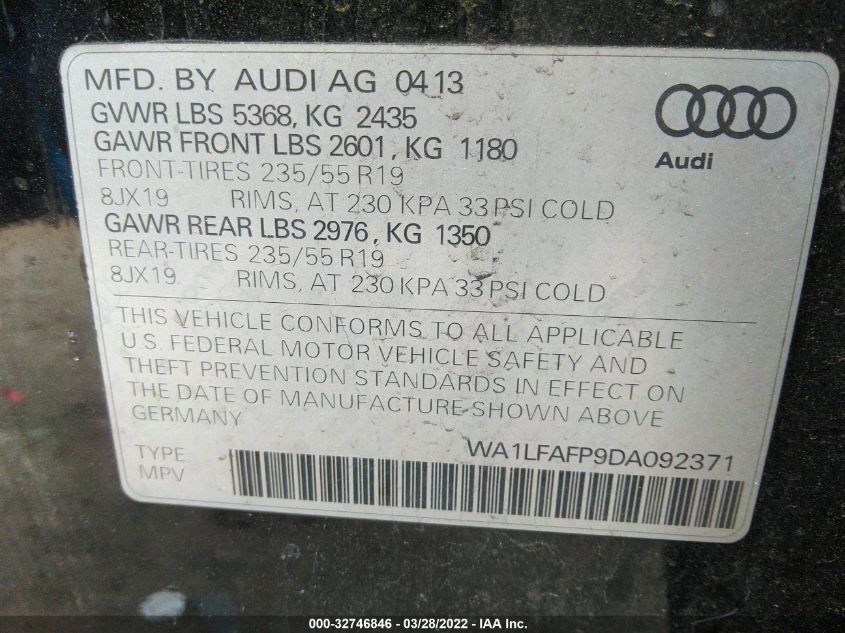 2013 AUDI Q5 PREMIUM PLUS WA1LFAFP9DA092371