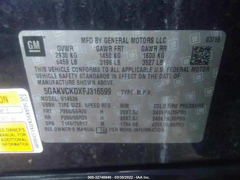 2015 BUICK ENCLAVE PREMIUM 5GAKVCKDXFJ316599